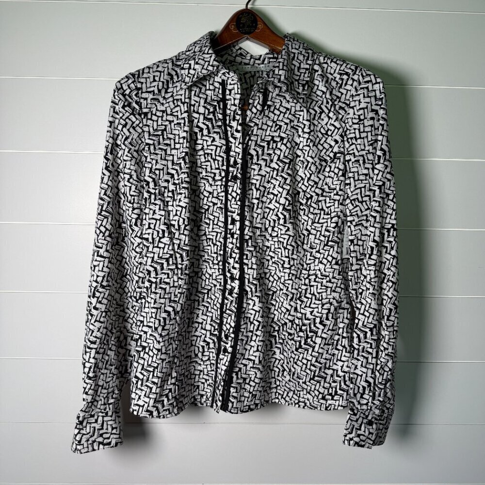 Fred David Stretch Black and White Basket Weave Pattern with Black Trim Large